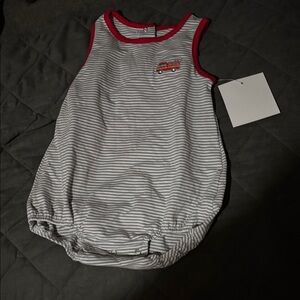 Striped Grey & White Sleeveless Baby One-Piece Bodysuit with fire truck design